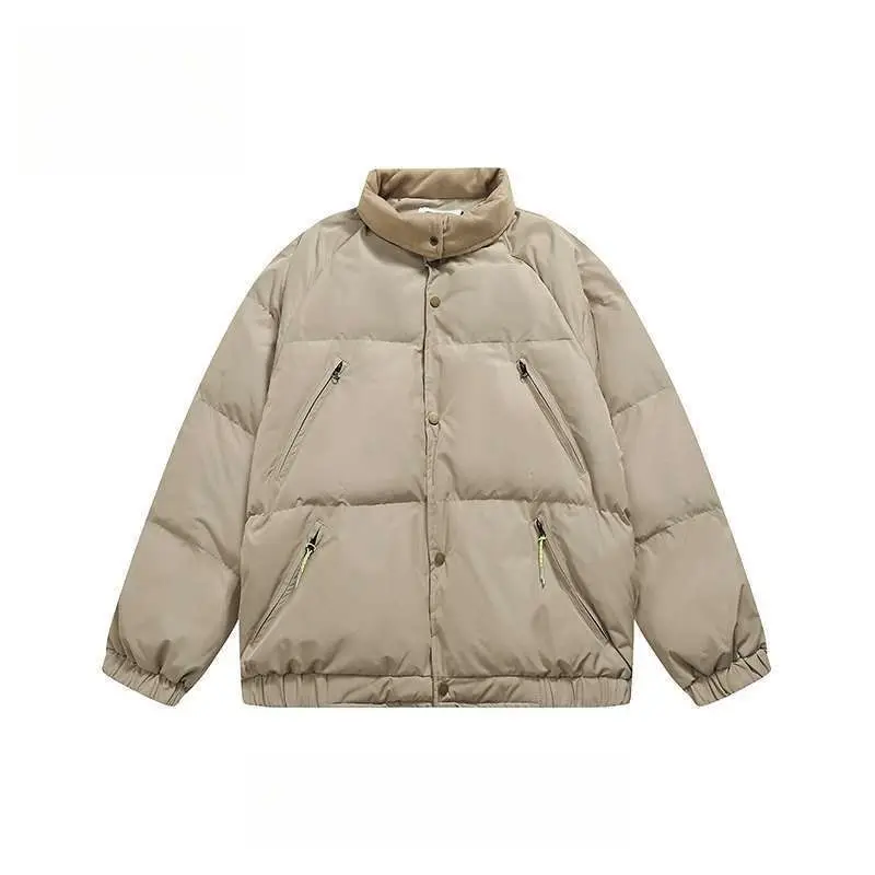 Khaki-colored Simple and Niche Design Collarless Short Coat for Women, Made of Cotton Fabric