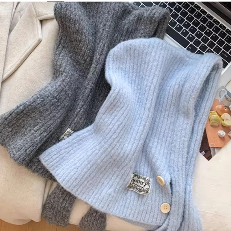 النسخة الكورية من البلوز البسيط بالاكلافا القبعات النسائية الشتاء في الهواء الطلق محبوك سنود المتكاملة الرقبة الدانتيل متابعة قبعة صغيرة دافئة قبعات