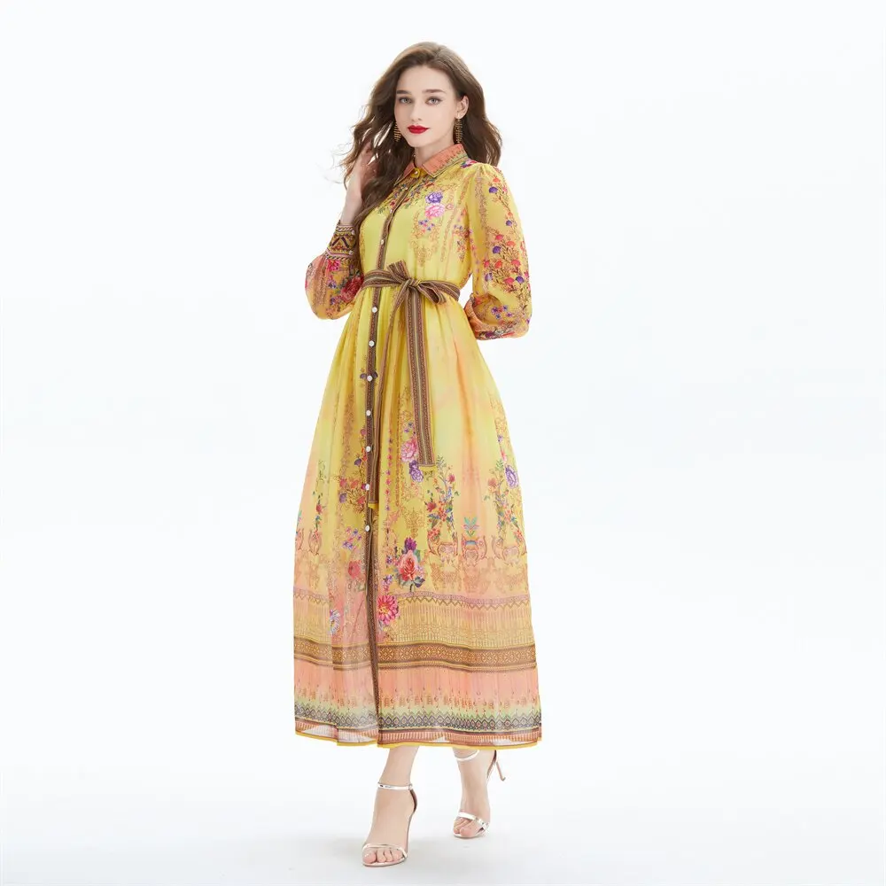 Original Design 2024 Court Sle Long Sve Midi Dr Two Piece Set Printed Chiffon Waist Cinched Maxi Skirt  Knot