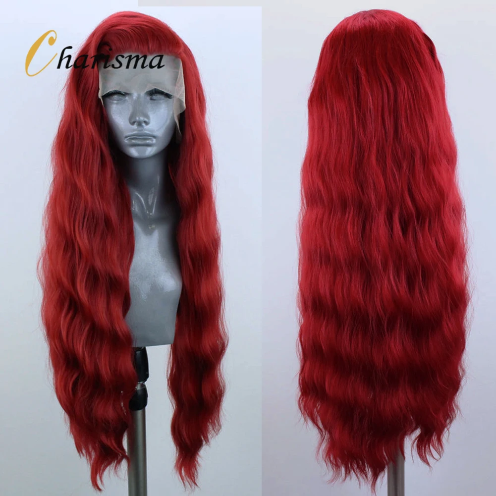 Wig Merah Karisma Wig Depan Renda Sintetis Panjang Bergelombang untuk Wanita Wig Renda Garis Rambut Alami Serat Tahan Panas Cosplay