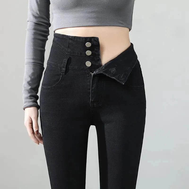 High waisted Elastic Denim Pencil Pants for summer 2026 New Three breasted Slim Skinny Jeans Female Casual Ankle  length Pants