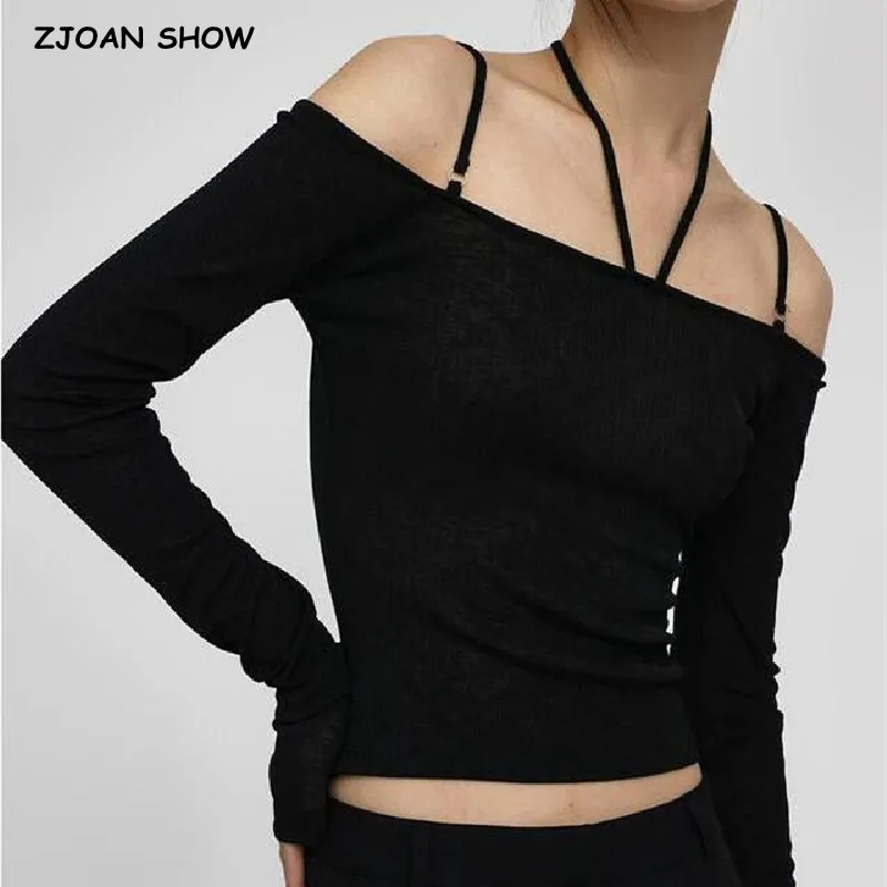 2023 Sexy Bow Lacing Up Halter Slash Off tracolla T Shirt Retro Women Full Sleeve T-Shirt Tee canotte corea abbigliamento