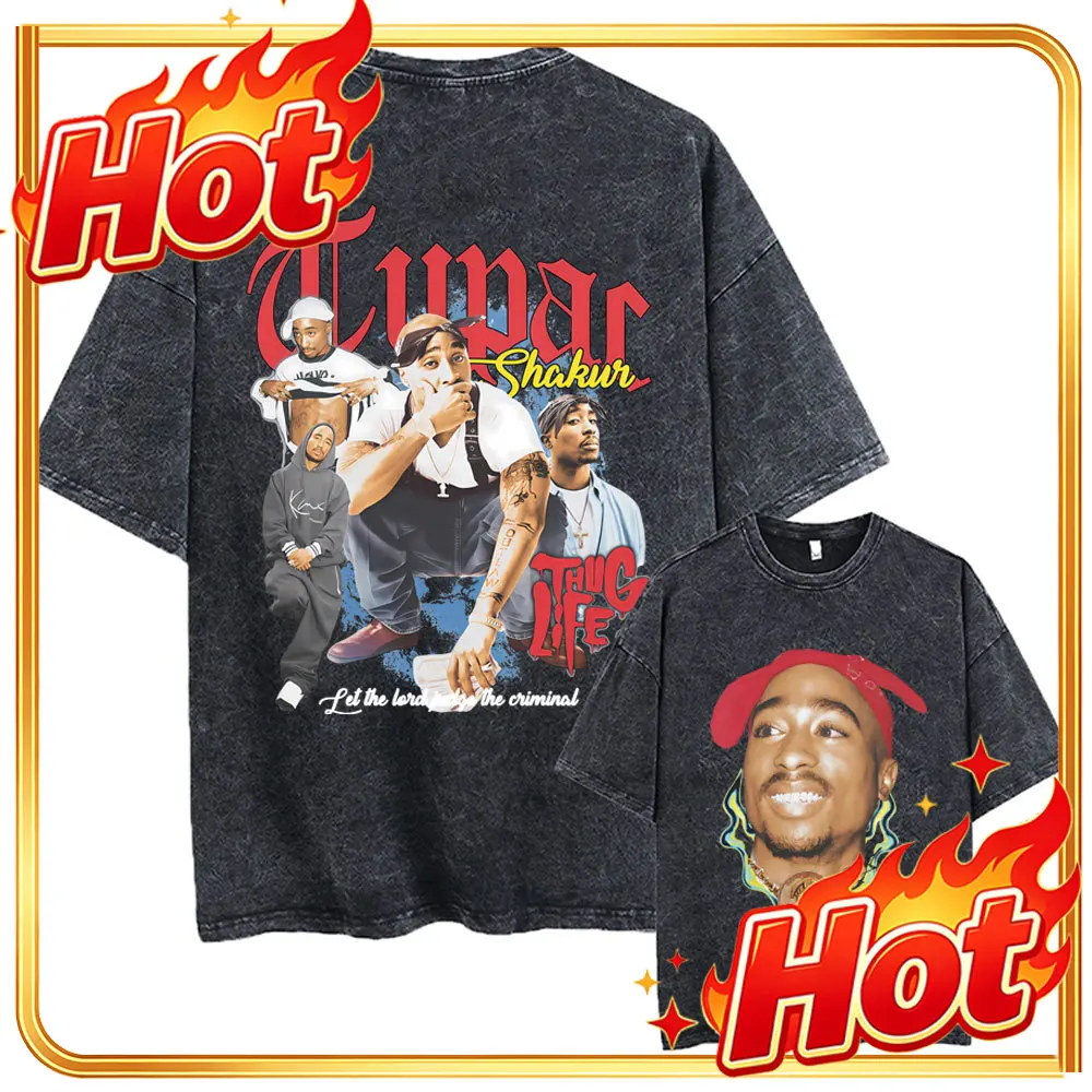 Custom Rapper Tupac 2pac Vintage Washed T-shirts Men Women Hip Hop Fashion Retro T Shirts Male High Quality Cotton T-shirts Stre