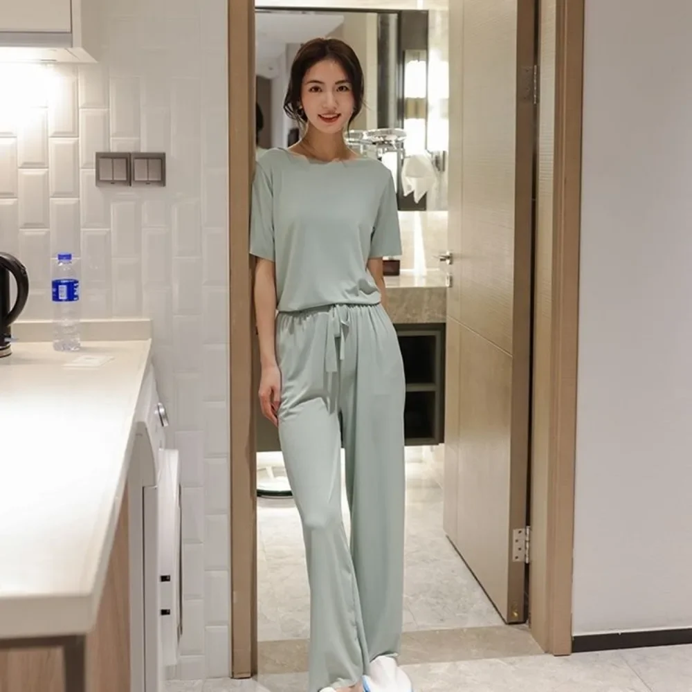 Korean Version Summer Thin Solid Color Home Clothing Two-piece Set with Short Sleeves, Elastic Waist, Long Pants, Lazy Pajamas