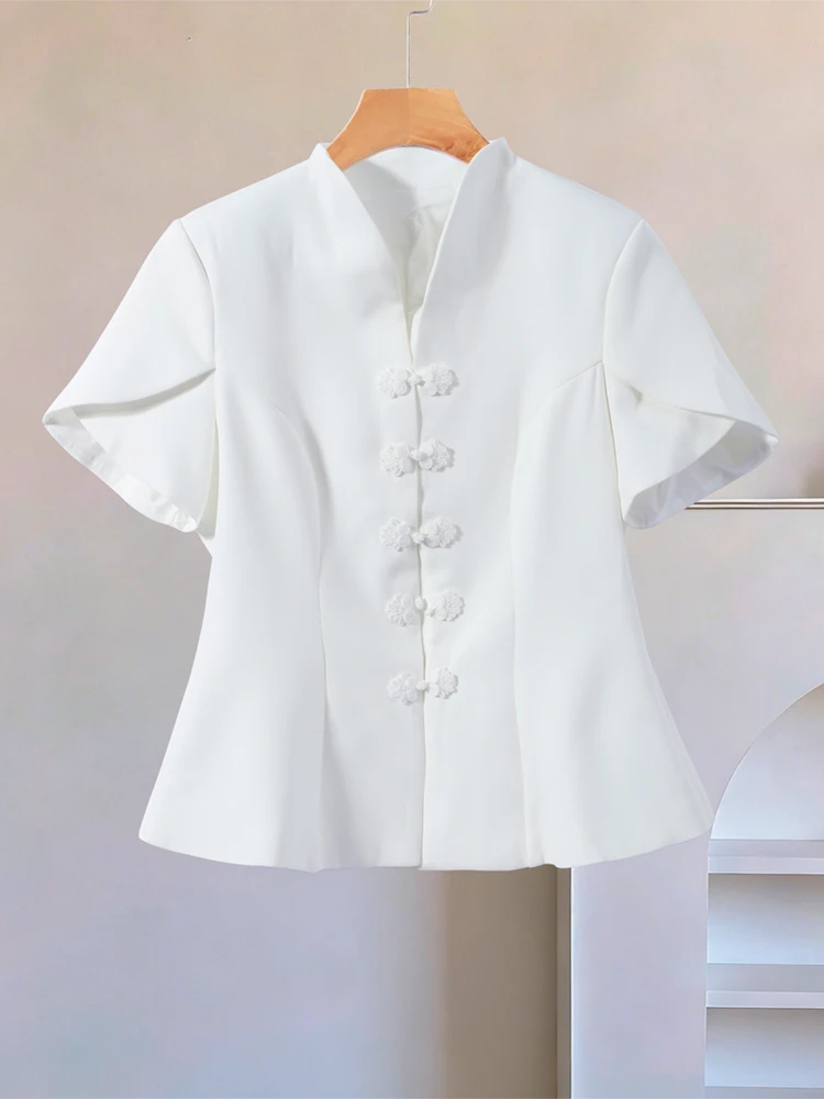 Puffärmel-Oberteil mit Froschknöpfen und Taillenschnürung für Damen, Vintage-Stehkragen, Kurze Ärmel, Rüschen, Schlankes Top, Modische Damenmode, Neue Streetwear – Detail 4