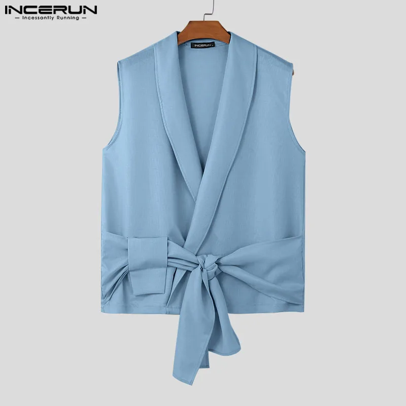 

INCERUN Men Shirt Solid Color Lapel Sleeveless Lace Up Casual Cardigan Kimono Men Streetwear Summer 2024 Fashion Camisas S-5XL