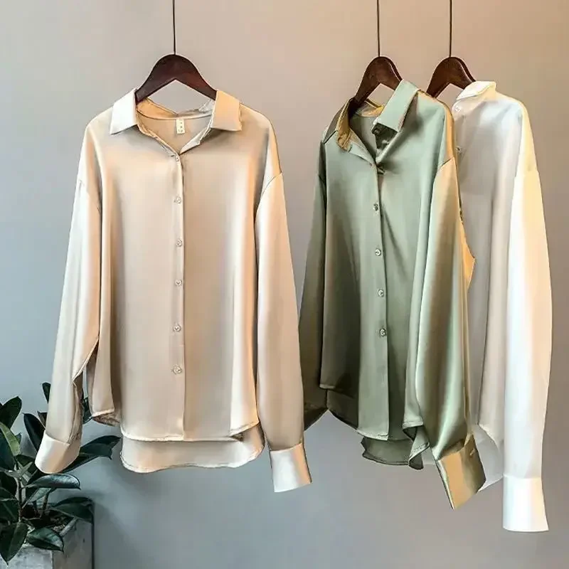 Satijnen Afwerking Shirts En Blouses Vrouwen Kleding Casual Top Ol Lange Mouw Knoop Elegante Shirts Franse Effen Blouses Voor Vrouwen