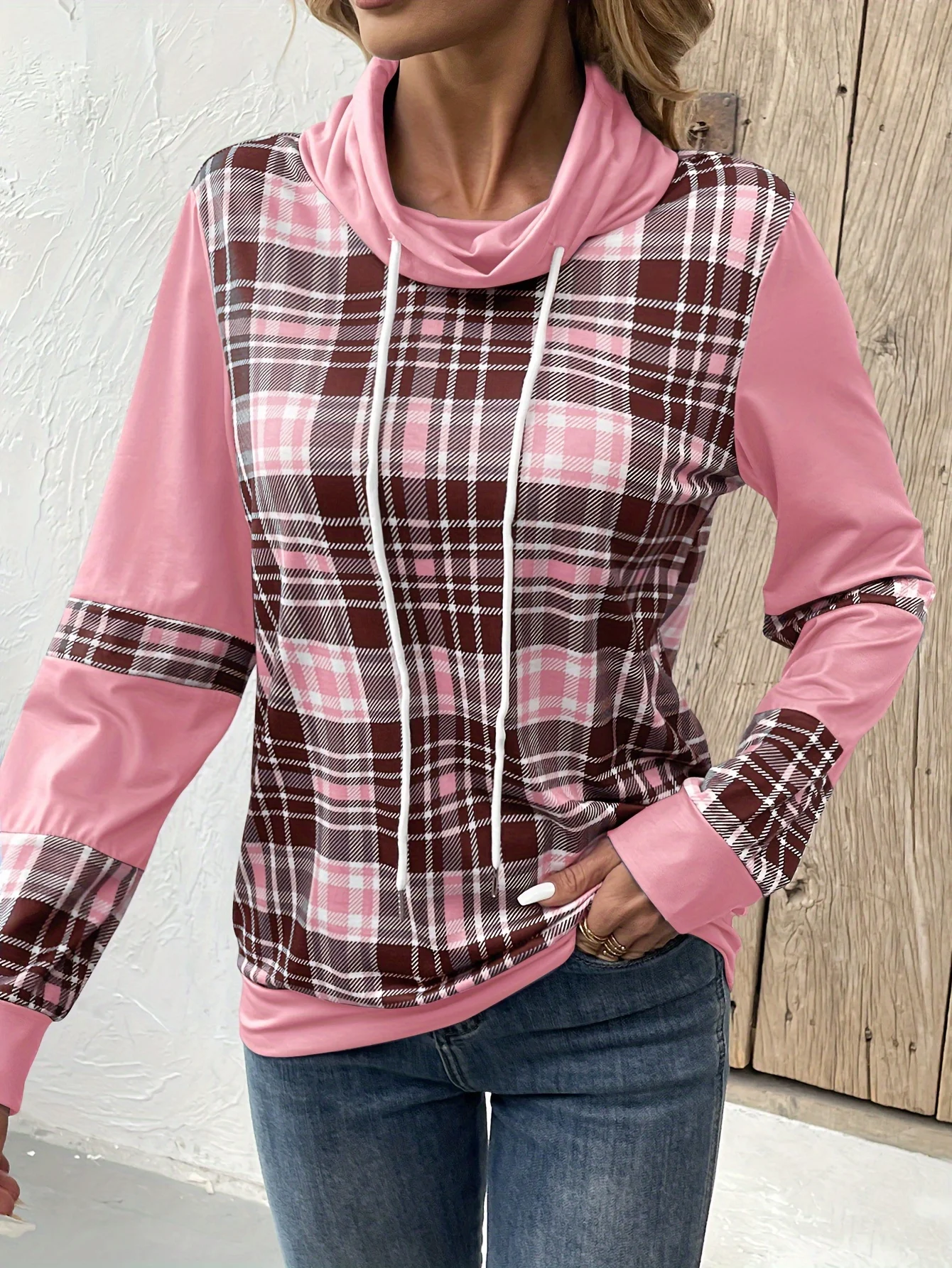 Spring new casual versatile plaid stack collar youthful fashionable sweatshirt for women