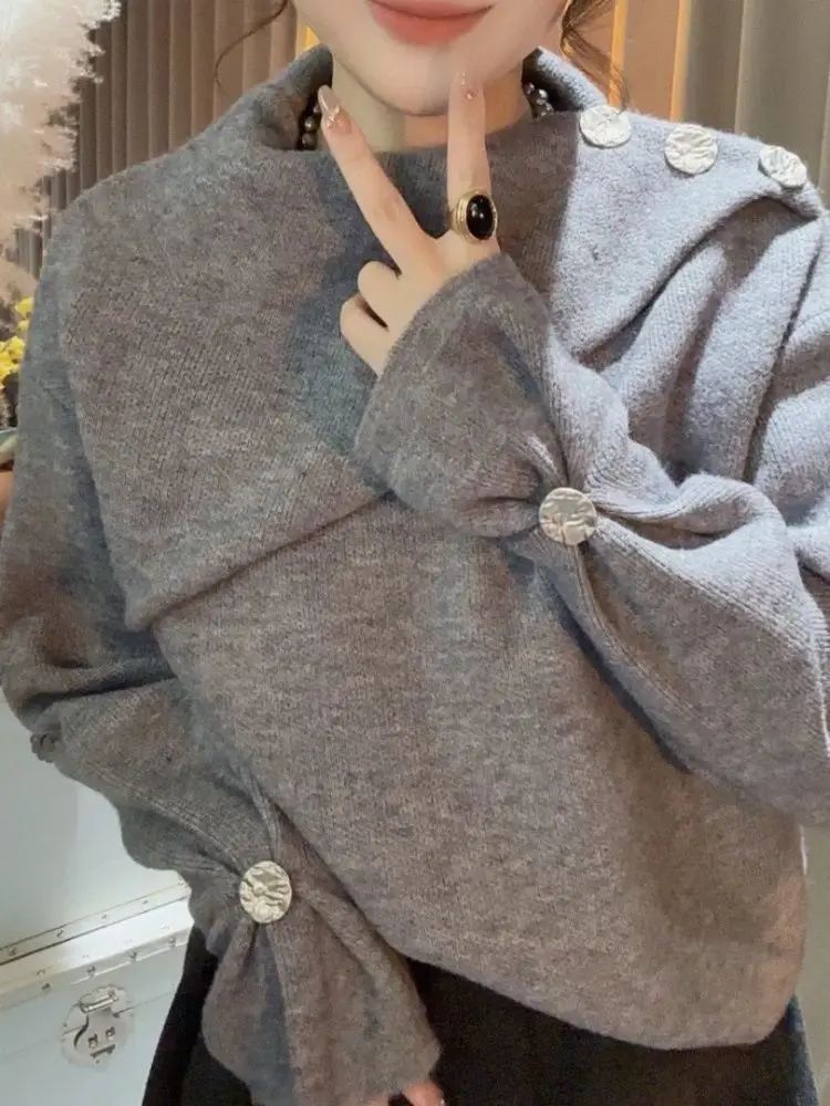

Korejpaa Chic Basic Pullover Bottom Layer Knitted Sweater Women Autumn New Korean Style Irregular Semi High Neck Pull Femme
