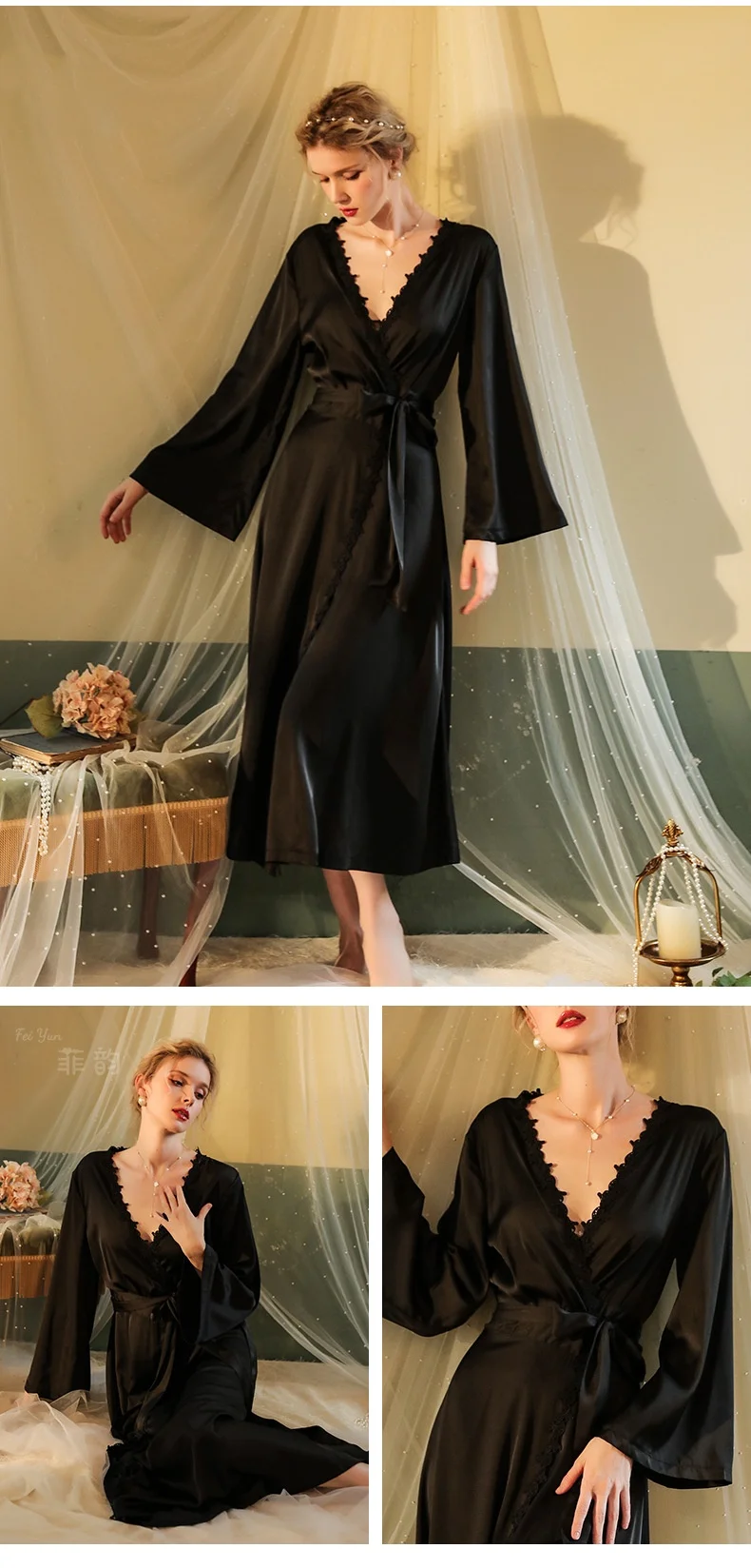 Women's Elegant Satin Robe - Lace Homewear Faux Silk Sleepwear Smooth Backless Bathrobe Sling Dress Nightwear