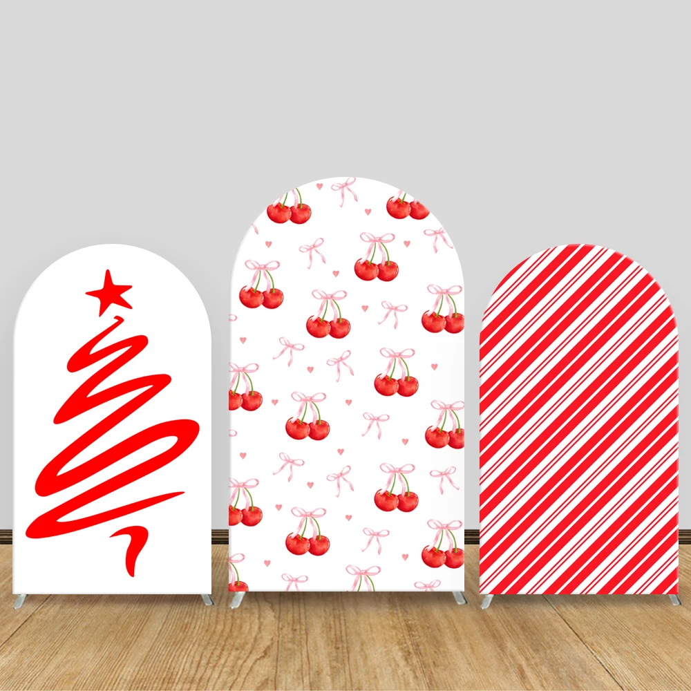 

TB Christmas Theme Arch Backdrop Cover Red Cherry Bow Festival Party Decoration Xmas Tree Cartoon Line Photography Background