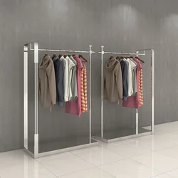 Custom, retail clothing shop fittings silver stainless steel mirror polish garment display stand and racks hanging shelves