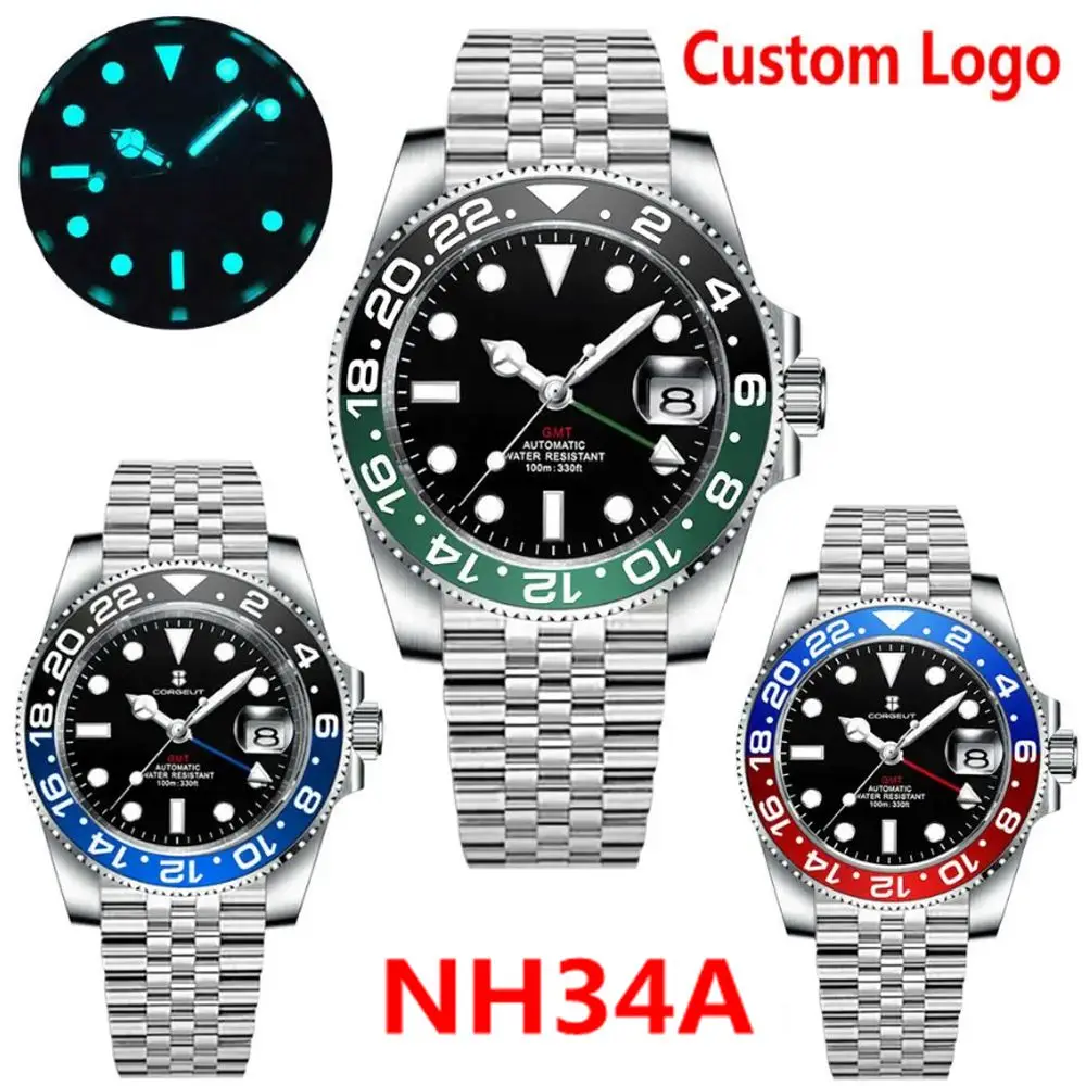 

Custom Logo NH34 Movement Automatic Mechanical Watch Men GMT Function Black Dial Sapphire Crystal 10Bar Swim Lume Reloj Hombre