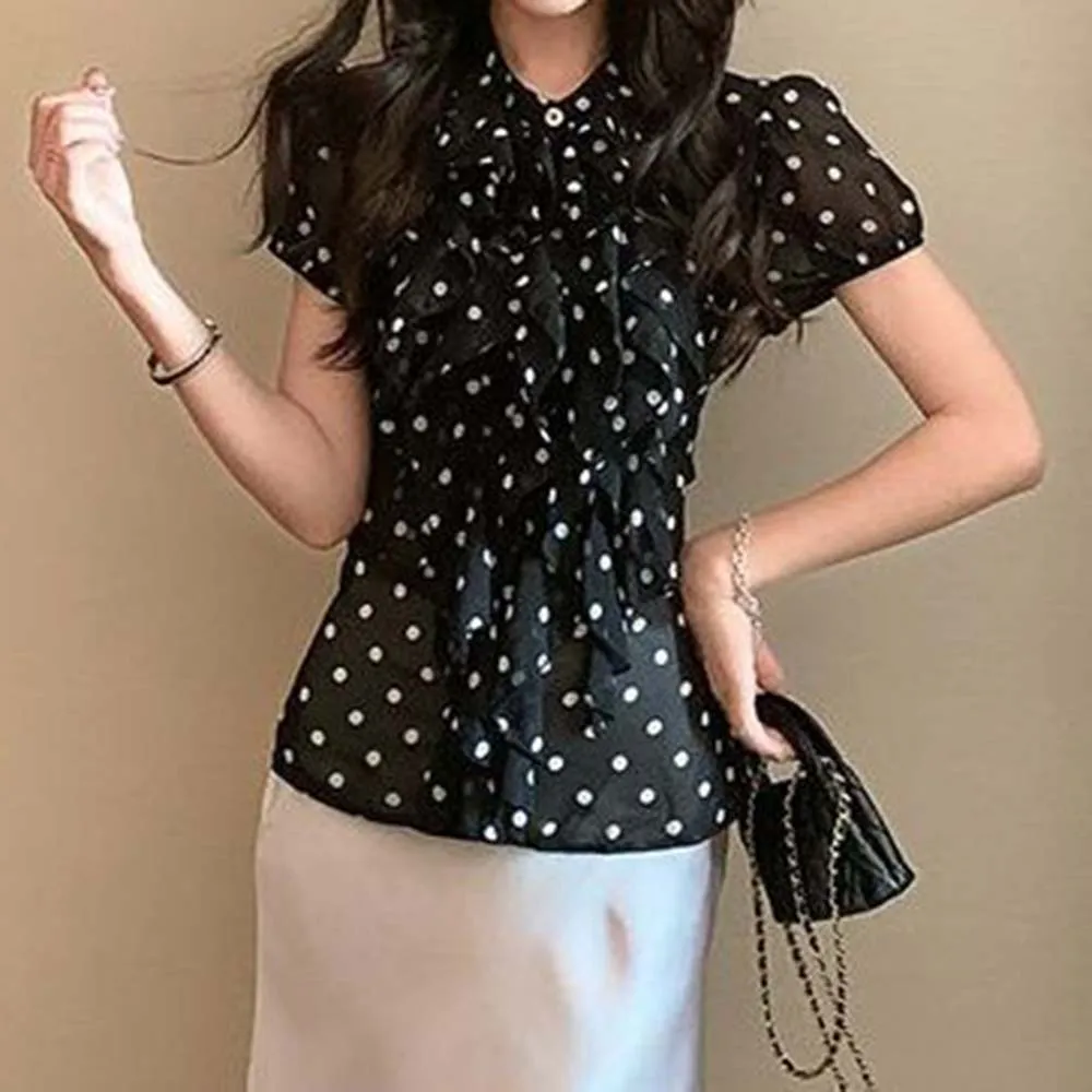 French retro polka dot shirt women's summer new short-sleeved lace-up waist thin niche design black top