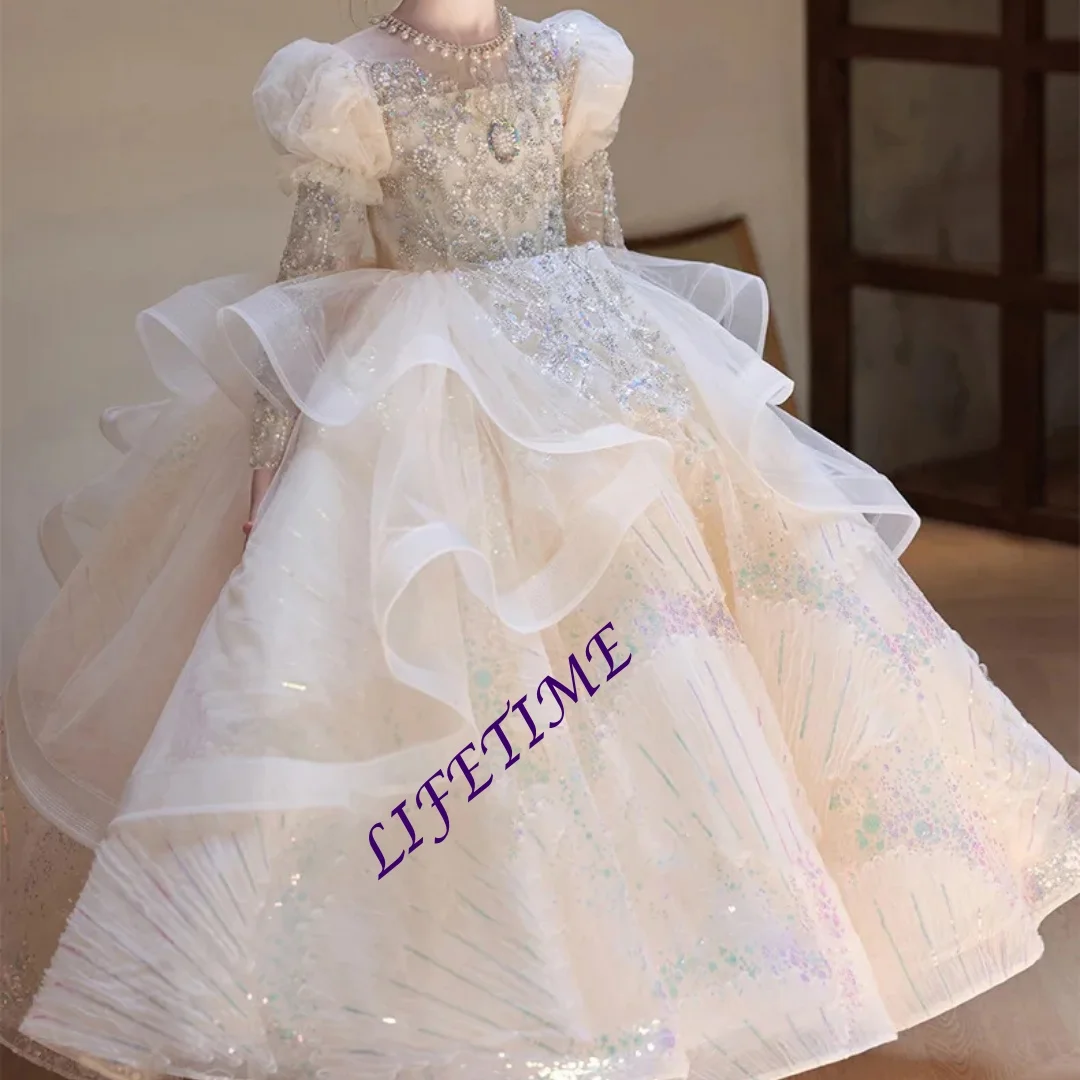 Customized Girls Party Dress Princess Pageant Gown Flower Wedding Birthday Formal Kids Costume for Piano Performance Host