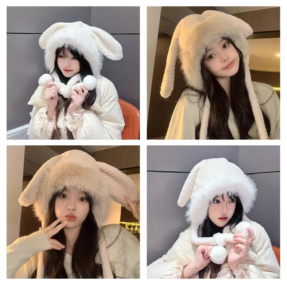 Winter Women Cute Rabbit Plush Beanie Thicken Lambhair Ski Mask Beanie Hat Sweet Girl Ear Protection Hat Korean Lamb Fleece Cap