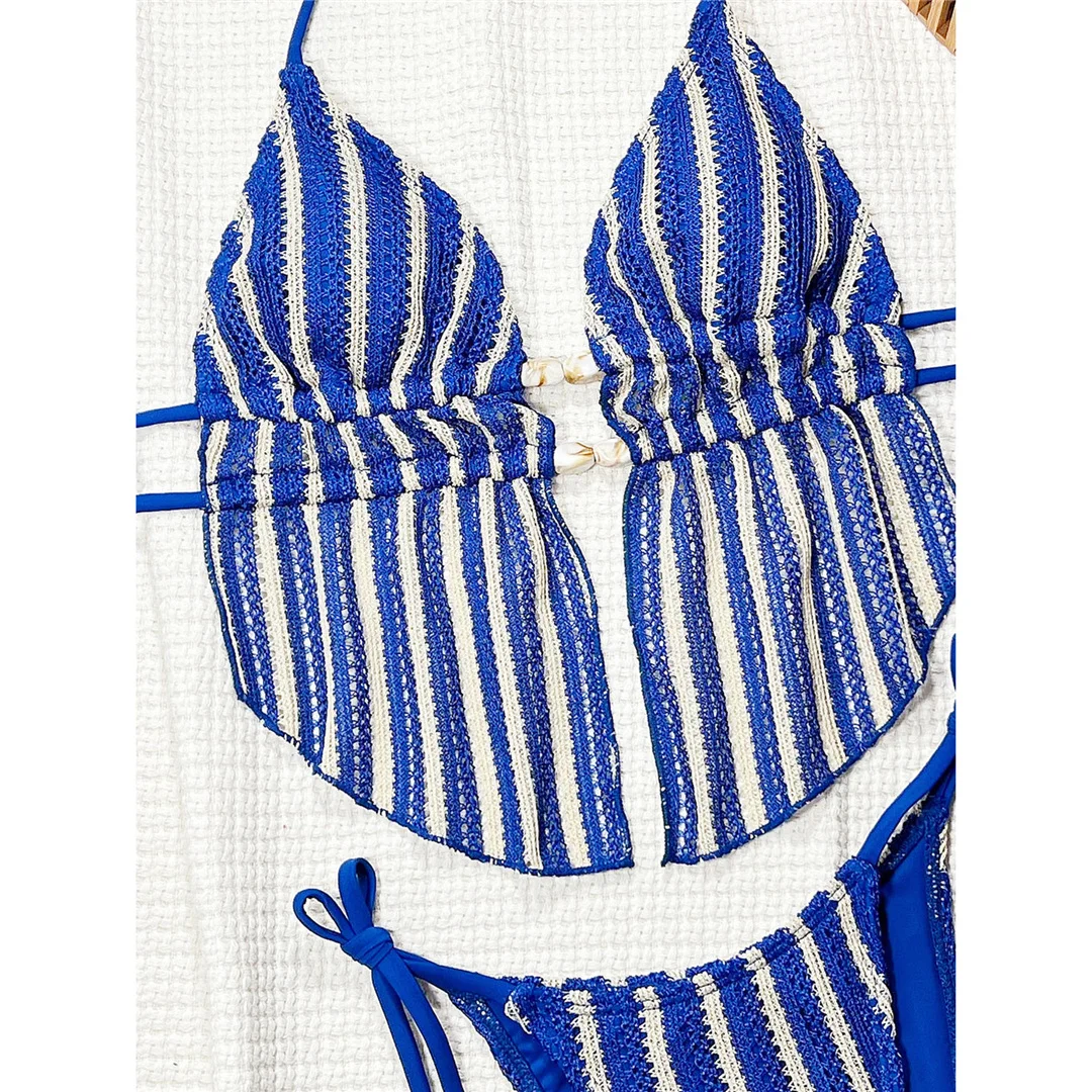 Gestreifter Tankini-Bikini mit Neckholder, Damen-Badeanzug, zweiteiliges Bikini-Set, Badeanzug mit hohem Beinausschnitt, Badebekleidung, Modell V8154. – Detail 6