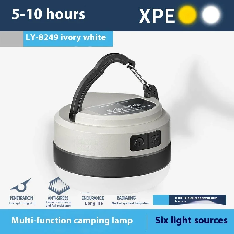 Lampe de poche LED aste pour tente de camping, lanterne portable avec 6 modes d\'éclairage, batterie intégrée