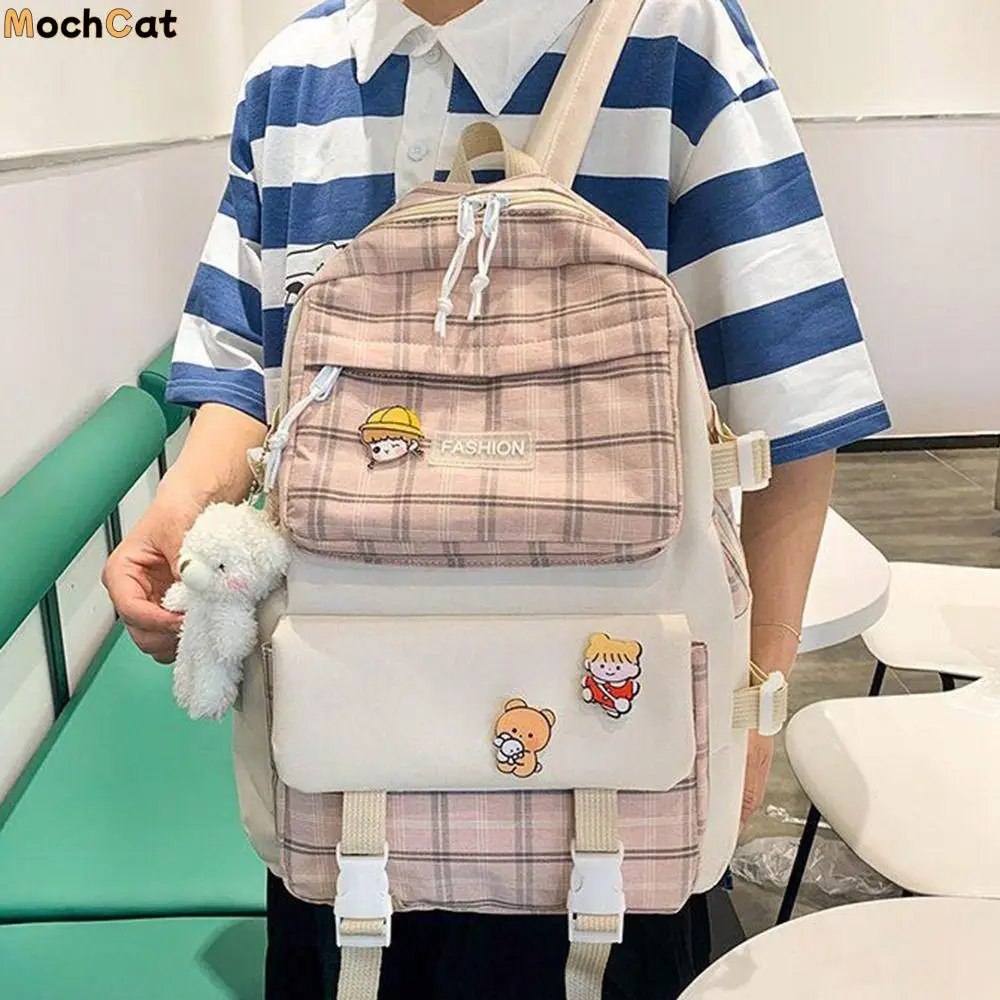 5Pcs/Set Casual Large Capacity Cute Plaid Backpack Korean Style Y2K Cartoon Shoulder Bag Simple Commute Student School Bag Kids