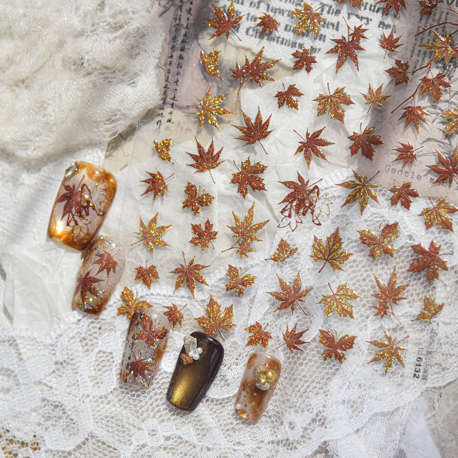 Fall Maple Leaf Pattern Red Brown Glitter Leaves Chinese Calligraphy Words 5D Nail Art Stickers Self‑Adhesive Nail Decorations
