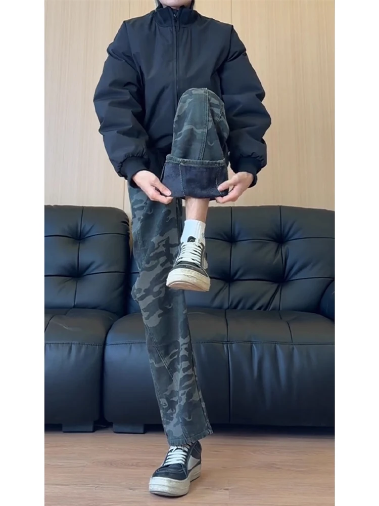 

American High Street Vibe Camouflage Jeans Men's Autumn Winter Fce Lined Carpenter Workwear Straight Leg Micro Flared Pants