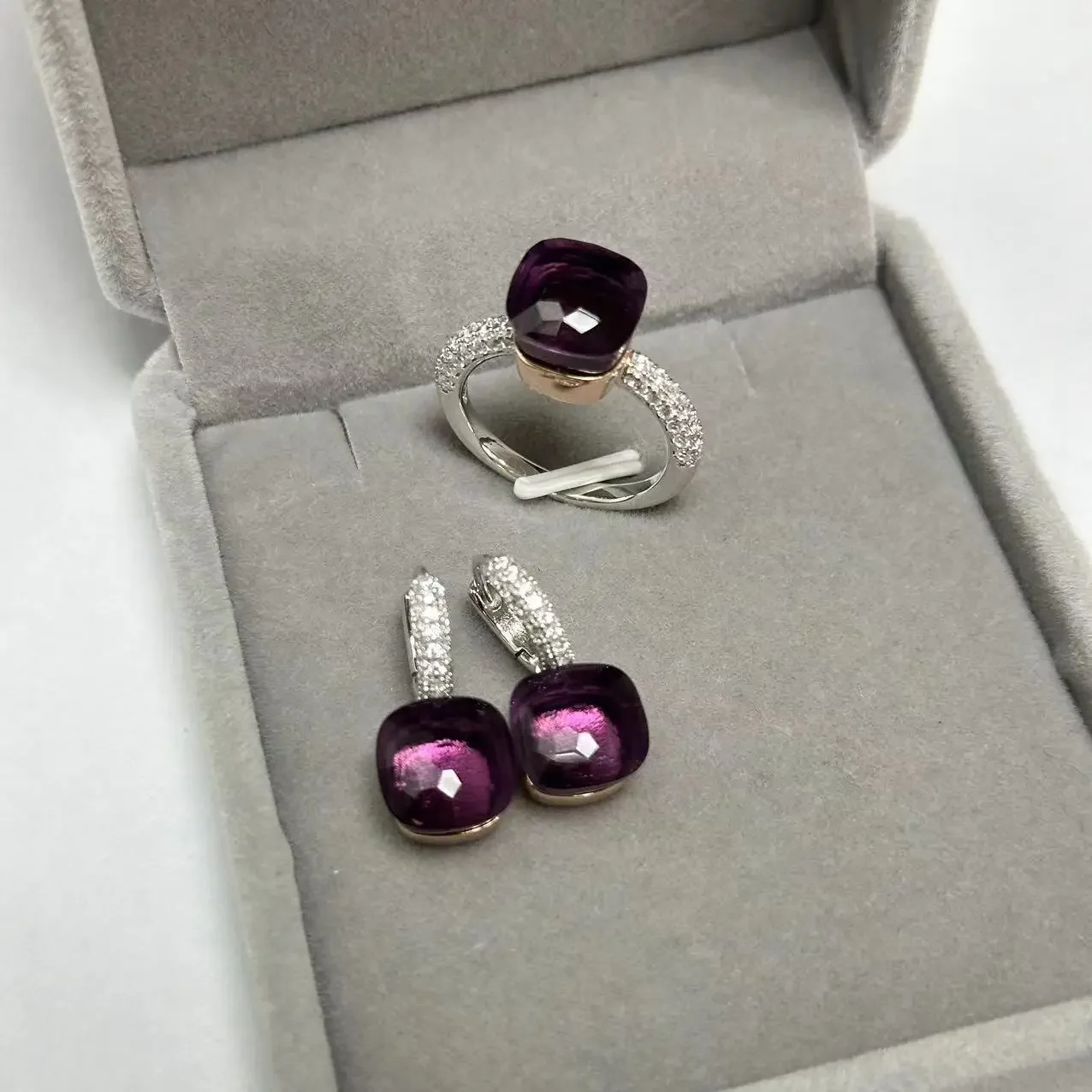 10.6mm S925 Ring and Earrings Jewelry Set Silver and Rose Gold Metal Candy Style Crystal Ring For Women Fine Jewelry Party Gift