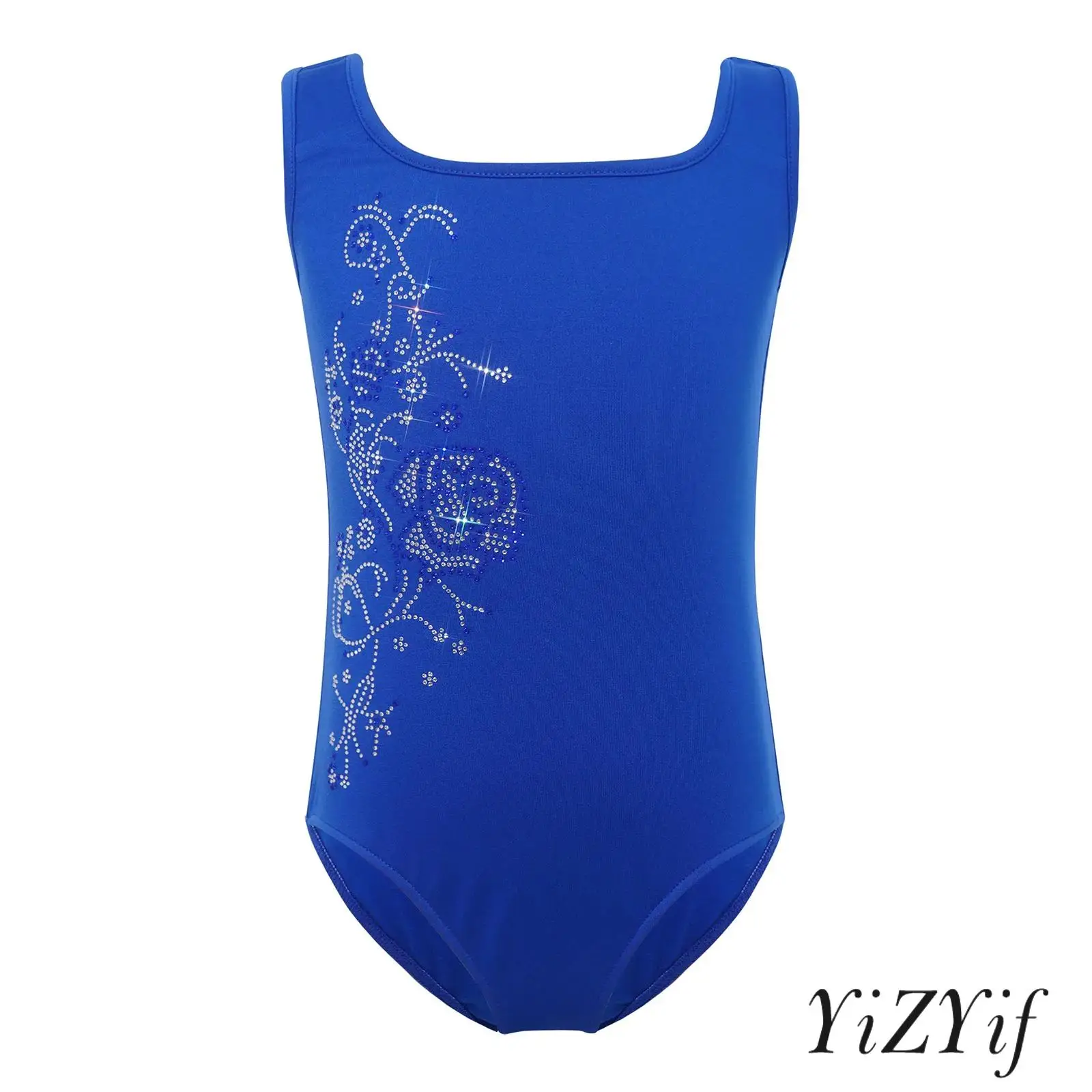 

Kids Girls Shiny Rhinestone Flower Dance Leotard Sleeveless Thin Fleece Lined Bodysuit for Gymnastics Ballet Figure Skating