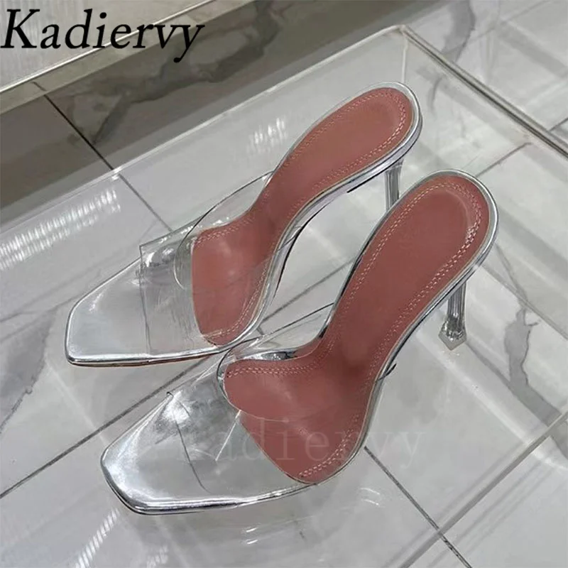 Sexy High Heels Slippers Women Candy Color PVC Summer Shoes Woman Square Peep Toe Slides Thin Heels Runway Sandals Woman