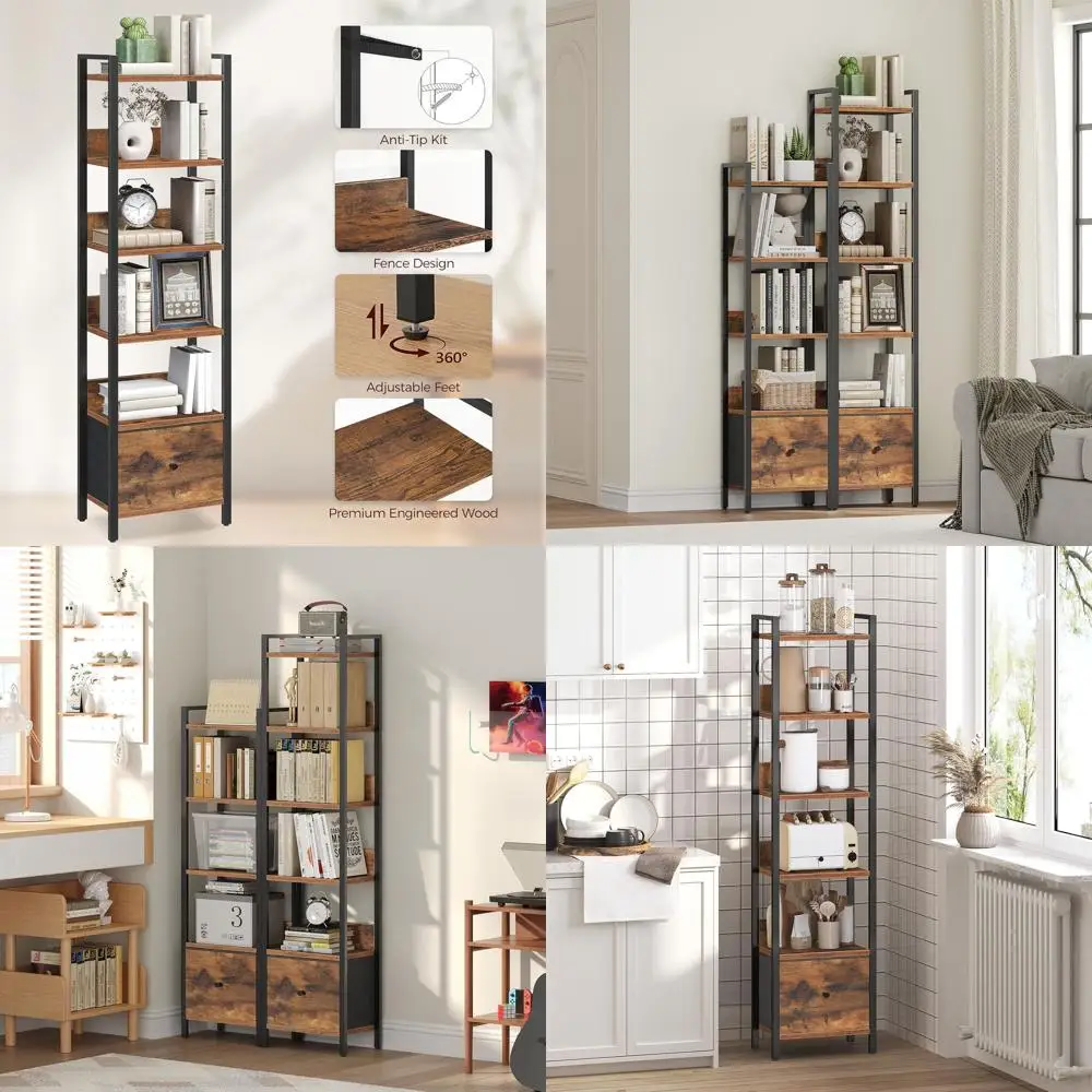 

Книжная полка, 6-уровневый книжный шкаф с ящиком, маленькая книжная полка для небольшого пространства, органайзер для полки для хранения, для гостиной, спальни, Stu