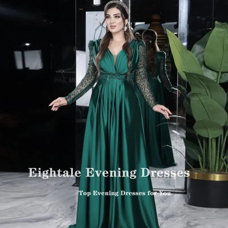 Eightale Emerald Green Evening Dresses V-Neck Long Sleeves Satin A-Line Customized Prom Party Gown Wedding Robes De Soirée