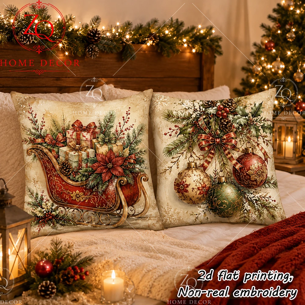 Christmas  Throw Pillow Covers Vintage Xmas Sleigh Gift Holly Ornament Decorative Pillowcase For Sofa Bedroom