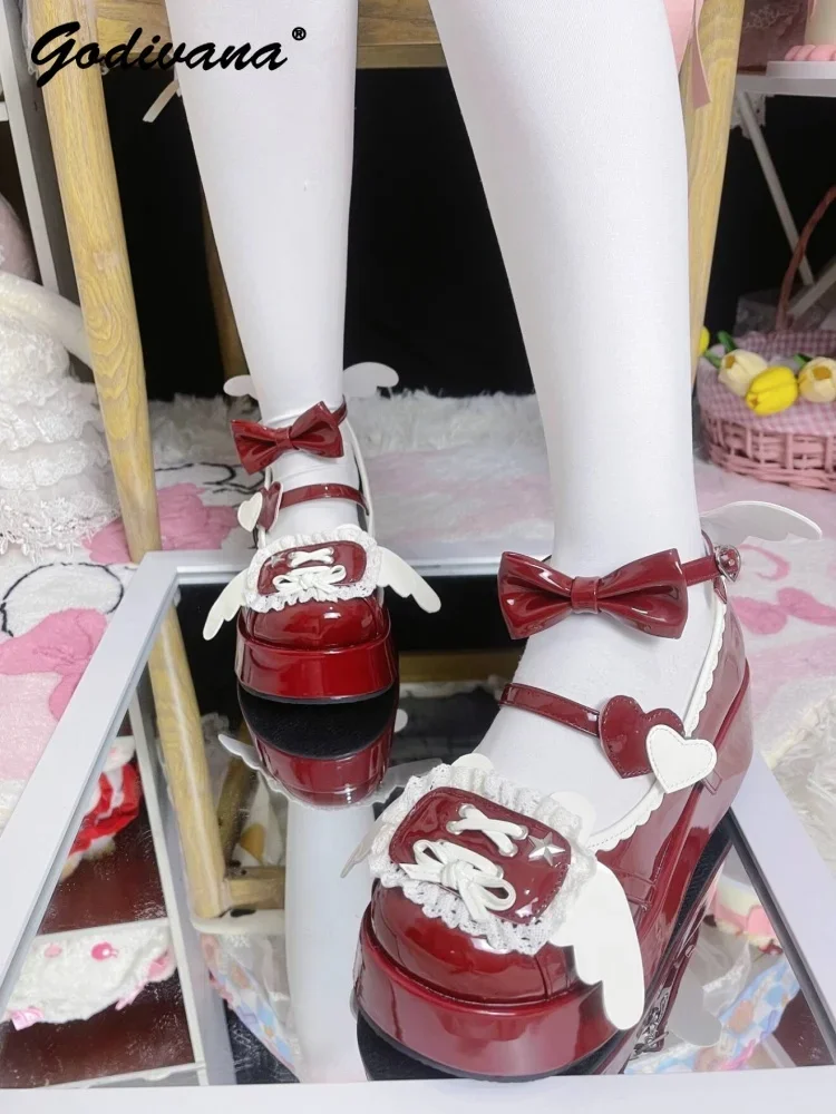 New Sweet Girls Round Head Lolita Platform Muffin Shoes Cute Japanese Style Women's Small Wings Leather Shoes Paltform Pumps image 5