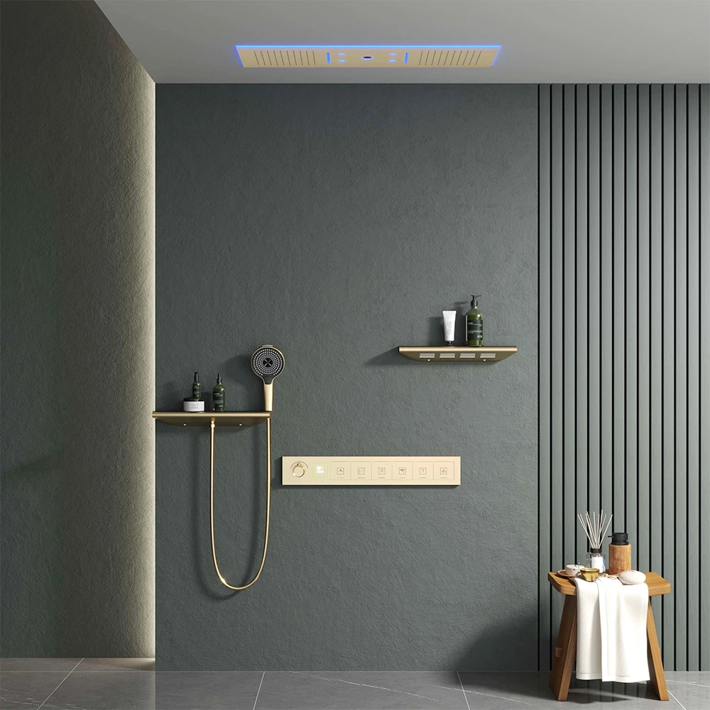 New Fashion LED Shower Mixer Set Ceiling Mounted Rain Mist Waterfall Bluetooth Shower Set Thermostatic Bathroom Smart System