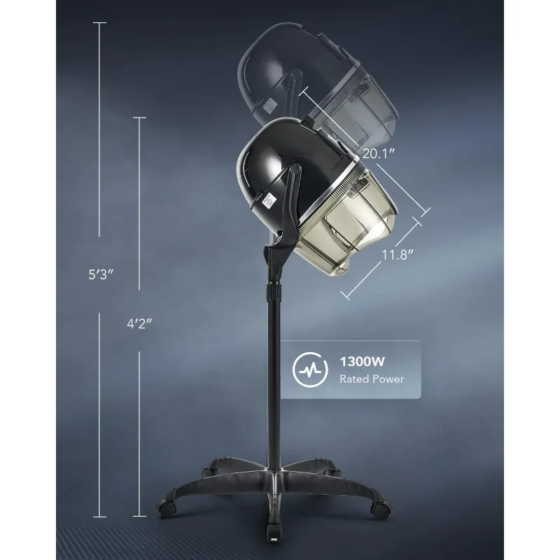 مجفف شعر احترافي بارتفاع قابل للتعديل وغطاء للرأس، مجفف شعر بونيه، قاعدة دوارة قائمة على الأرض مع عجلات