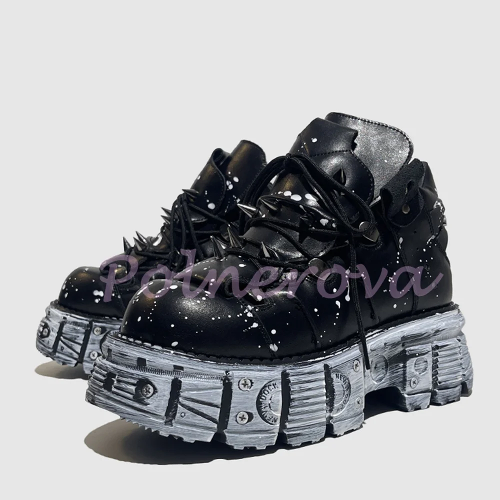

Platform Rivets Motorcycle Boots Round Toe Sports Casual Shoes Black Punk Style Single Shoe Thick-Soled Men and Women Pumps