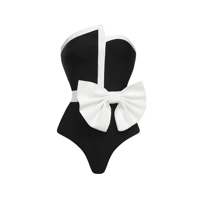 2024 traje de baño Vintage negro con hombros descubiertos pajarita de una pieza y falda conjunto de traje de baño para mujer ropa de playa de vacaciones traje de baño de lujo