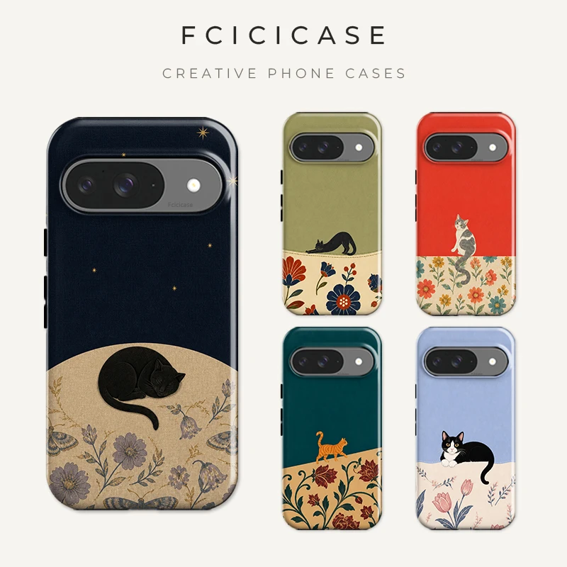Fcicicase Cute Black Cat Pattern Phone Case For Google Pixel 10 Pro XL 10A 9 8 7A 5A For Magsafe 2 in 1 PC +TPU Back Cover Funda