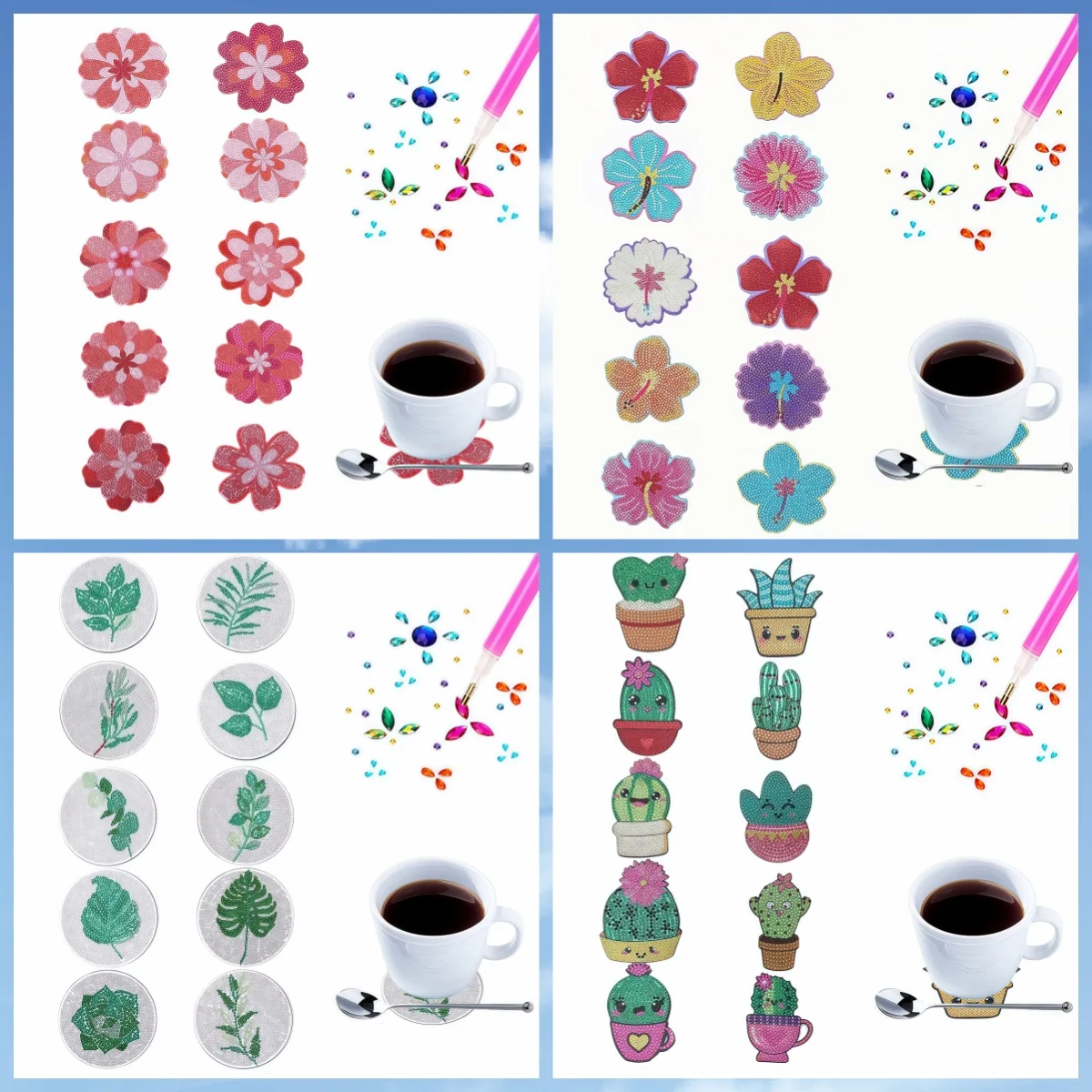 10 DIY flower-shaped pattern diamond painting art set coasters without stands for daily beverages, coffee and tea decoration