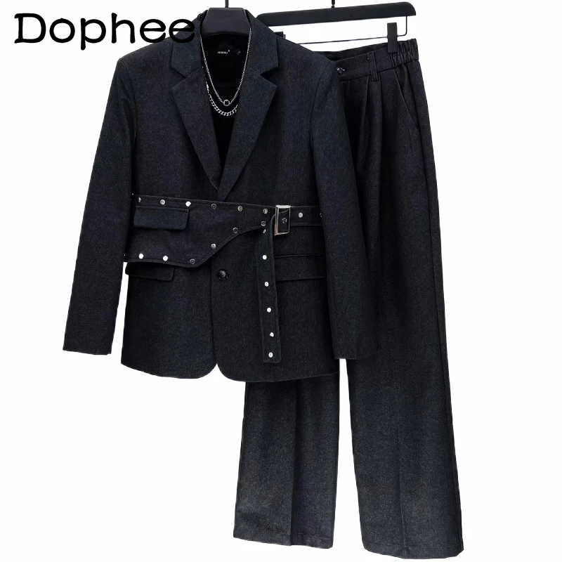 

Men's 2025 Autumn Winter Solid Color Suit Straight-Leg Pants Two-Piece Sets High-End Handsome Comfort Detachable Belt Suit Sets