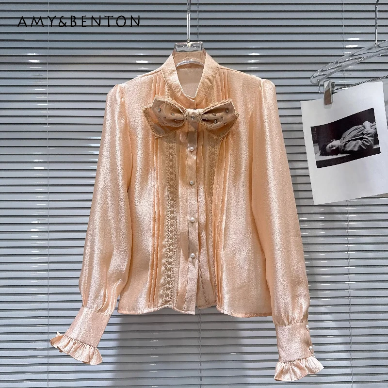 

2026 Spring New Collection Sweet Elegant Women's Blouse Tops French Design Loose 3D Bow Accent Pleated Chiffon Shirts Ladies
