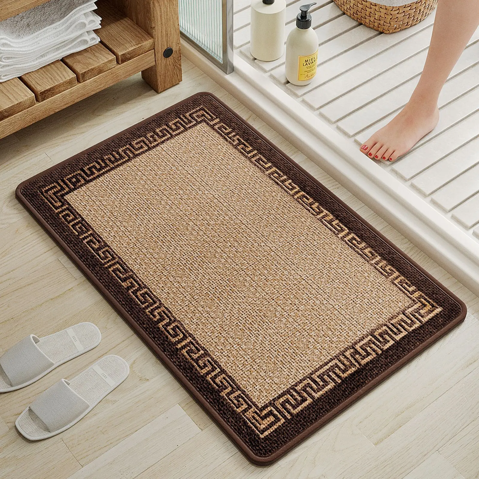 

Anti-Mildew Linen Bath Mat, Retro Geometric Print Bathroom Rug, Fast Absorbent Skin-Friendly Soft, Rubber Non-Slip Backing
