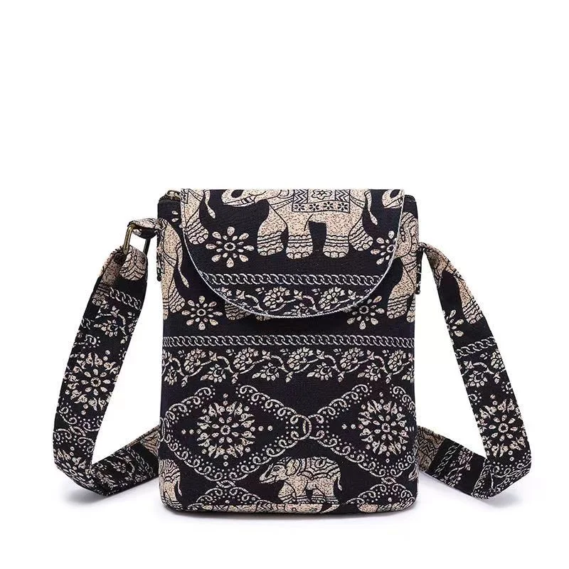 New Chinese Style Fabric Mini Crossbody Bag Printed Canvas Coin Bag Women\'s Bucket Shoulder Bag Ethnic Style Mobile Phone Bag