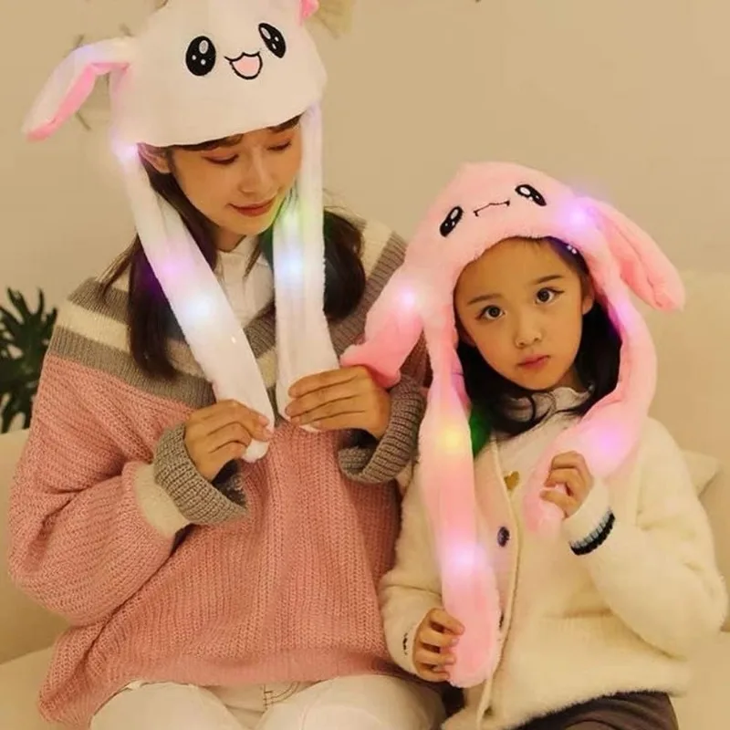 LED Glowing Plush Ear Moving Jumping Rabbit Hat Adults Kids Funny Glowing Ear Moving Bunny Hat Cosplay Party Accessories Hats