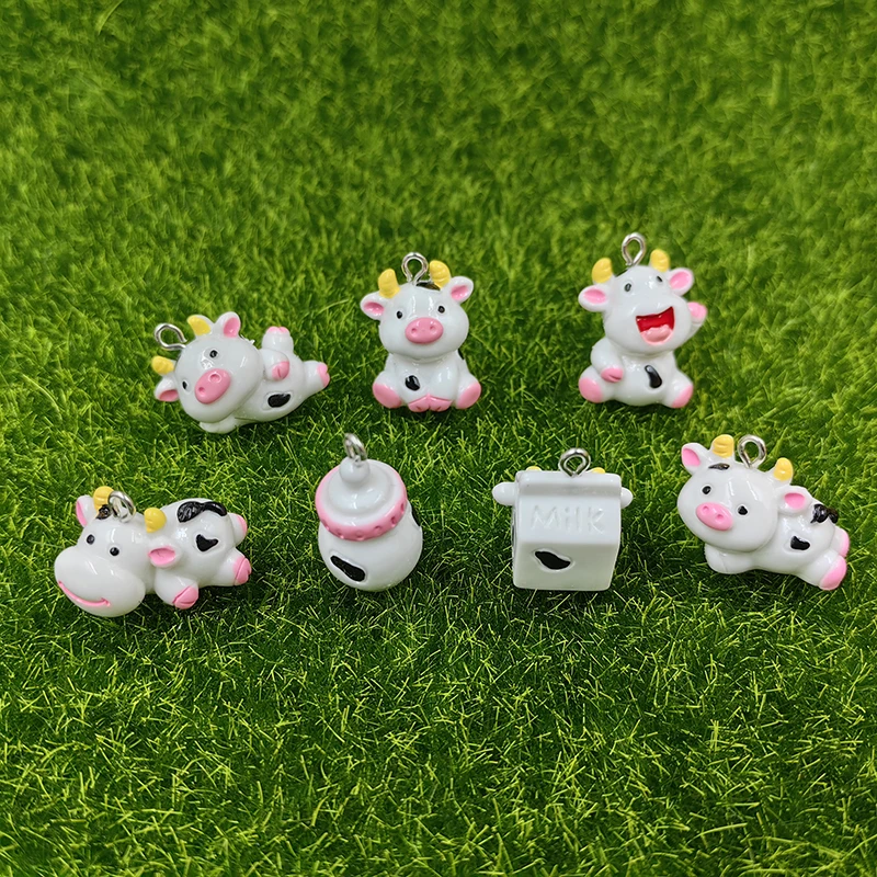 10pcs Kawaii Animals Cow Pink Bottle Charms Cute Resin Milk Box Pendant Flatback Keychain DIY Jewelry Making Findings C1557