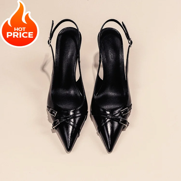 Fashionable Pointed Toe Shallow Mouth New High-heeled Shoes Summer Elegant Buckle Decorated Stiletto Black Women's Shoes