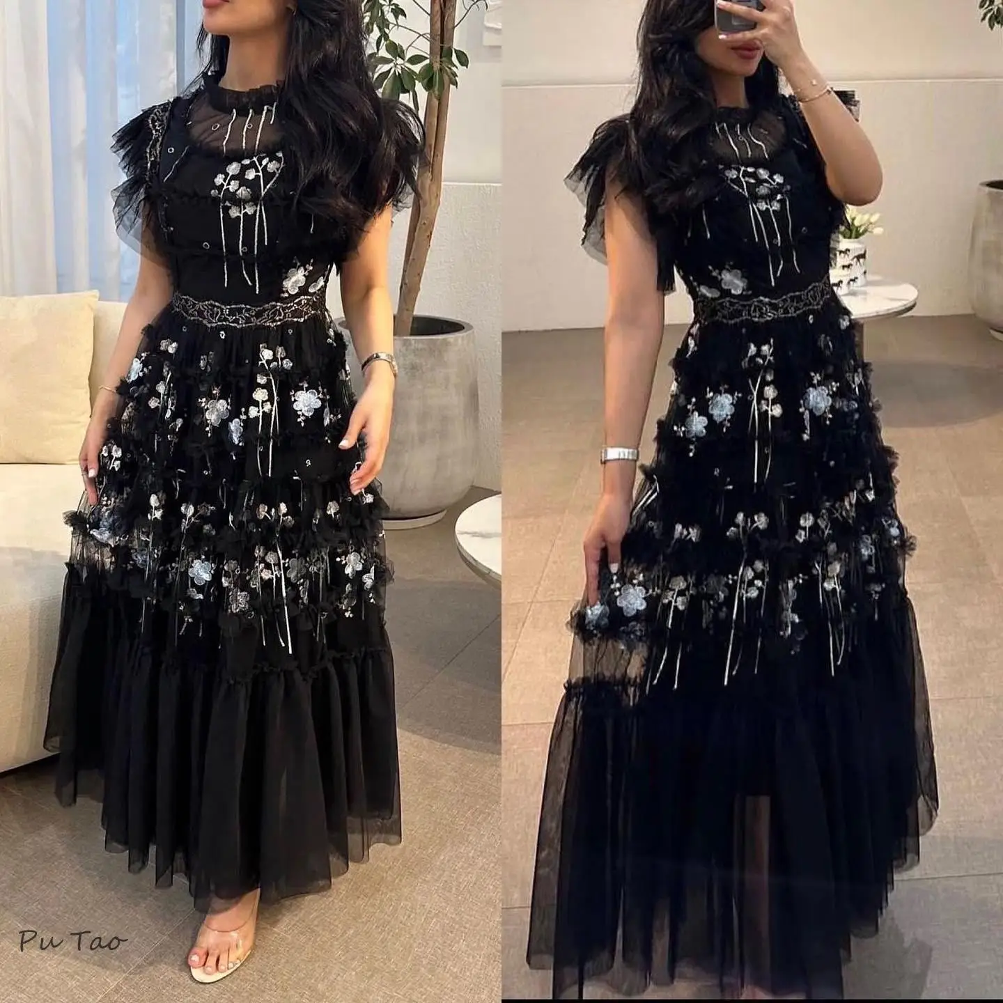 PuTao Summer Prom Dress Vintage Mesh Party Dress Women\'s Stand Collar Embroidery Elastic Waist Ruffles Black Long Dress