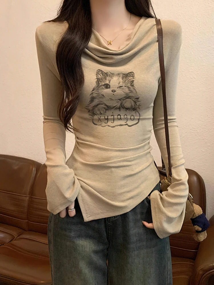 Y2K Cat Puff Sleeve Blouse Women's Solid Color Top