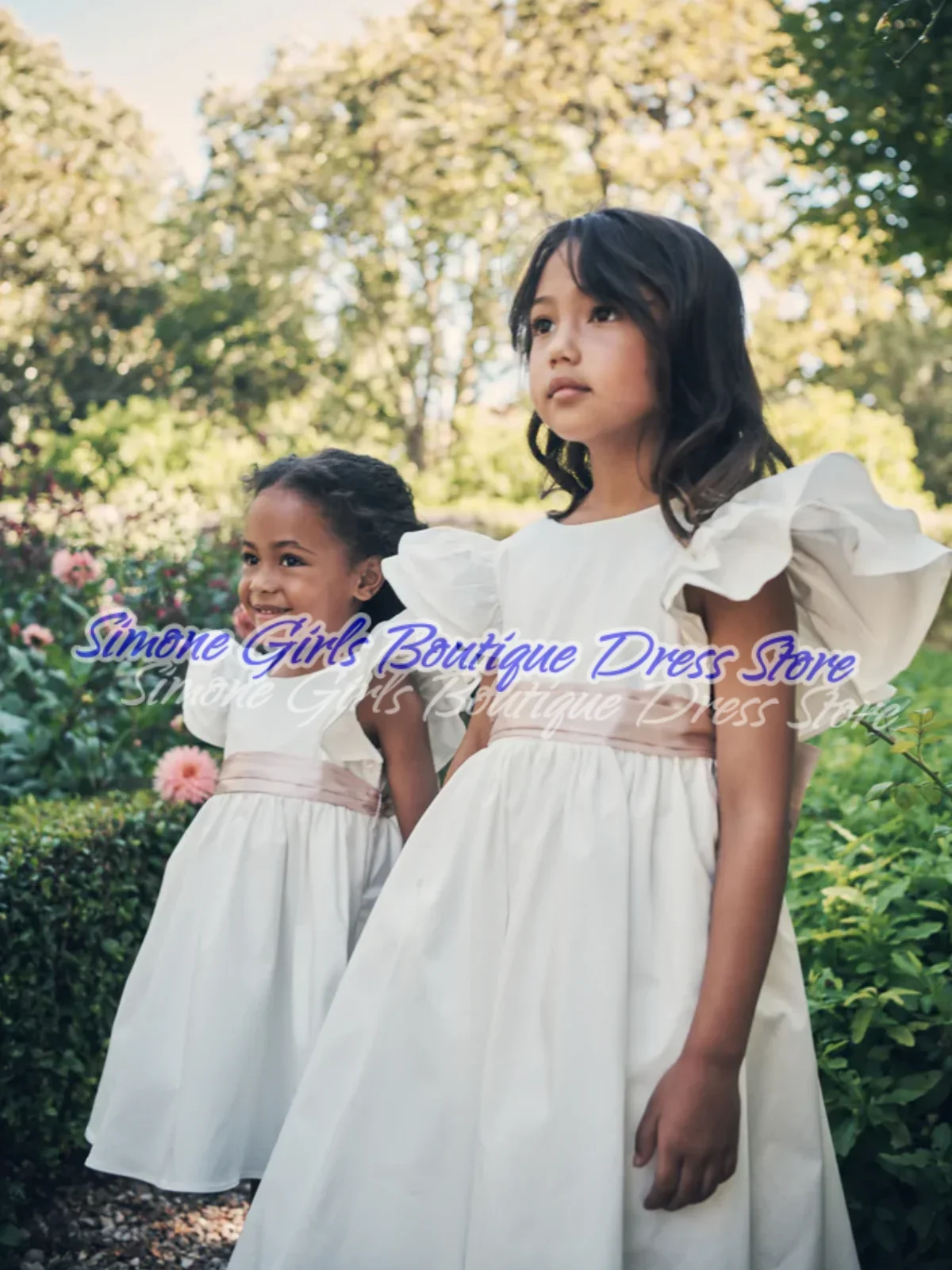 Satin Open Back Bow Lotus Leaf Sleeves Flower Girl Dresses for  Parties Wedding Ceremonies Dance Performances Formal Receptions