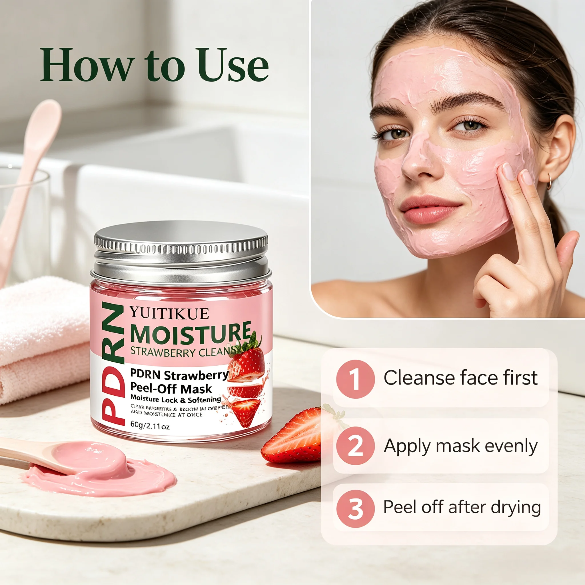 YUITIKUE PDRN Strawberry Peel Off Mask 60g Lock Moisture Soften Skin Clear Impurities Brighten Complexion Cleansing Mask