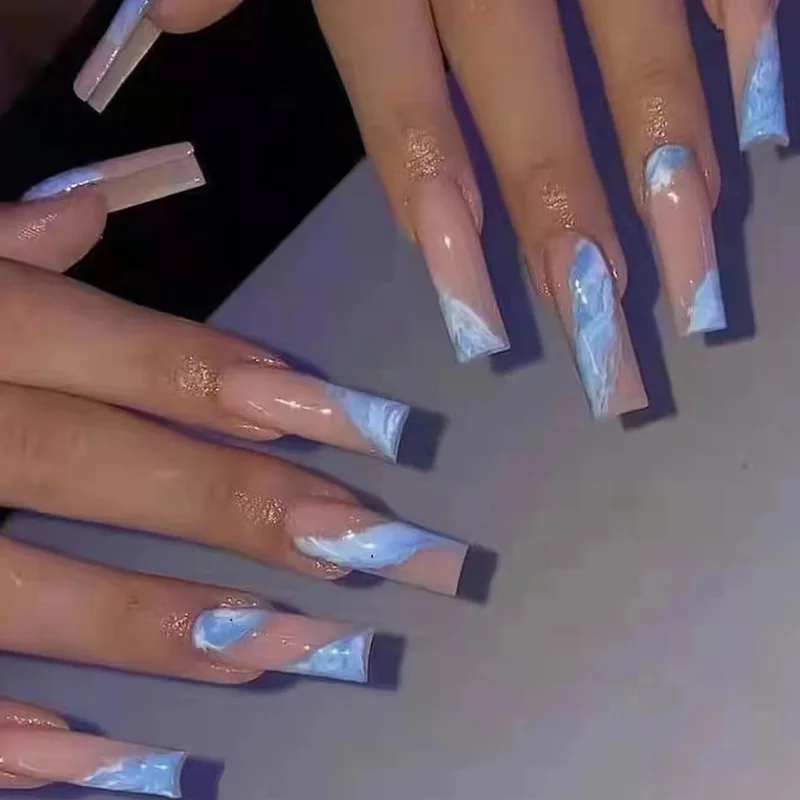 24 Stück lange Ballett falsche Nägel blauer Himmel mit französischem Design tragbare künstliche Nägel einfache volle Abdeckung drücken auf Nagels pitzen Kunst wieder verwendbar